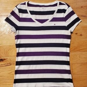 𝅺TOMMY Hilfiger Essential Black Purple White Striped Short Sleeve Shirt Large